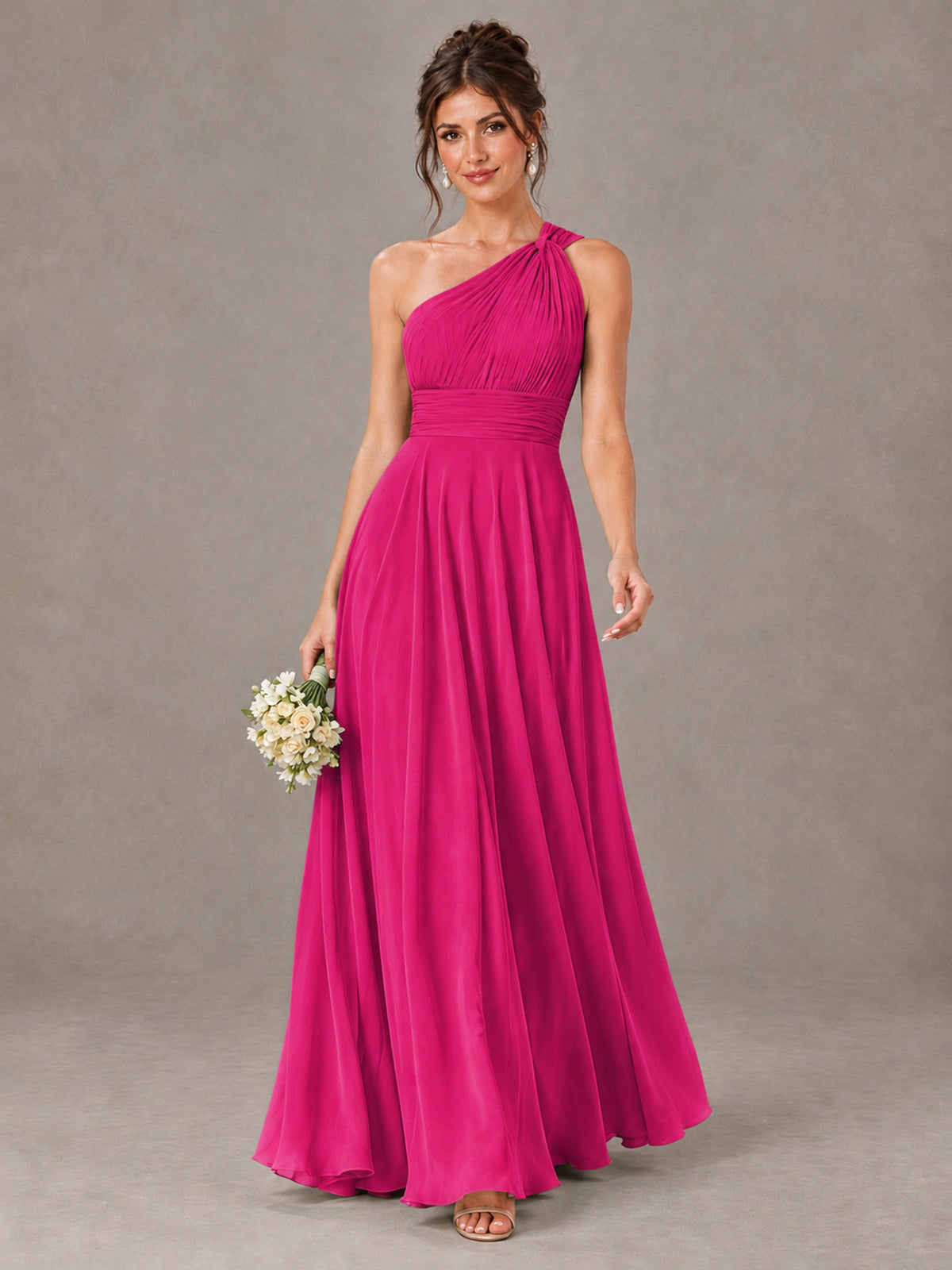 BOLODOO Hot Pink One-Shoulder Chiffon-Look Bridesmaid Dress - Hot Pink - Hot Pink (1)