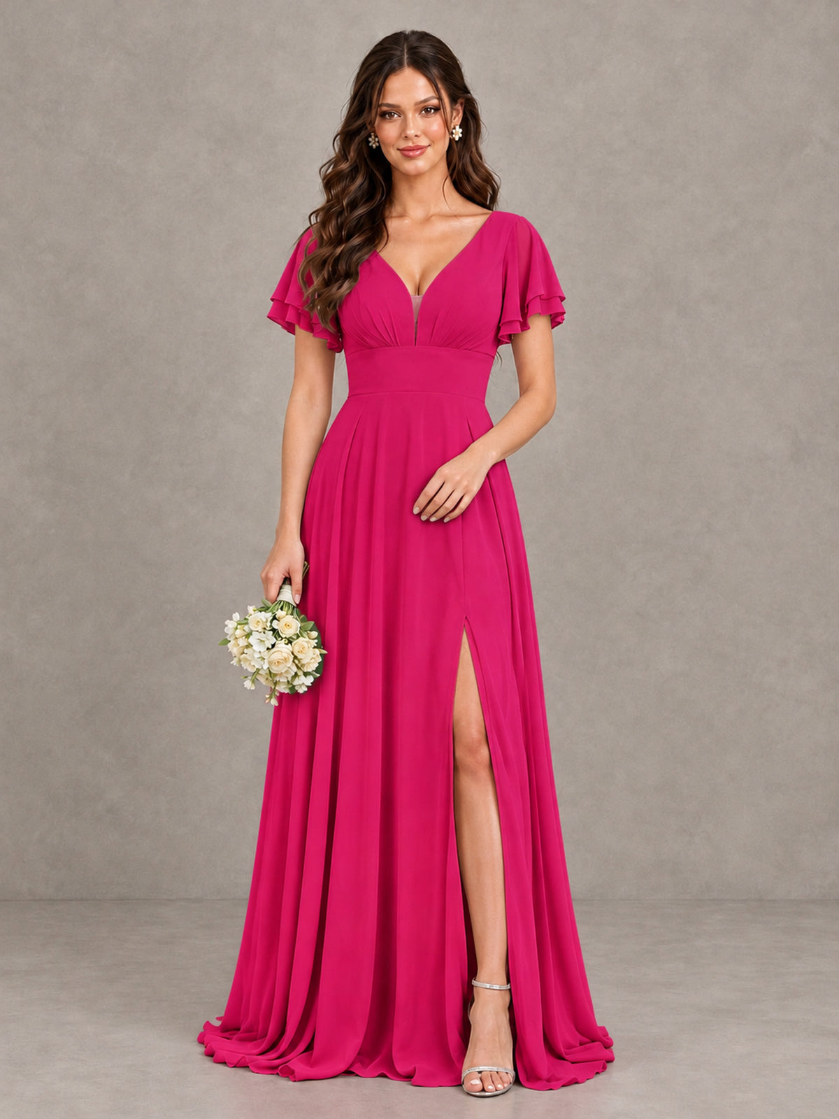 BOLODOO Hot Pink Flutter Sleeve Chiffon A-Line Maxi Bridesmaid Dress with Open Back & Slit - Hot Pink - Hot Pink (1)