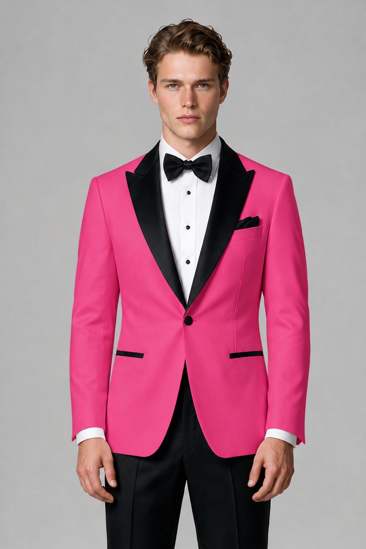 BOLODOO Men's Hot Pink Single-Button Tuxedo Blazer & Black Trousers 2-Piece Suit Set - Hot Pink - Hot Pink (1)
