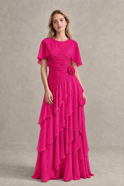 BOLODOO Hot Pink Chiffon Flutter Sleeve Tiered Maxi Dress with 3D Rosette - Hot Pink