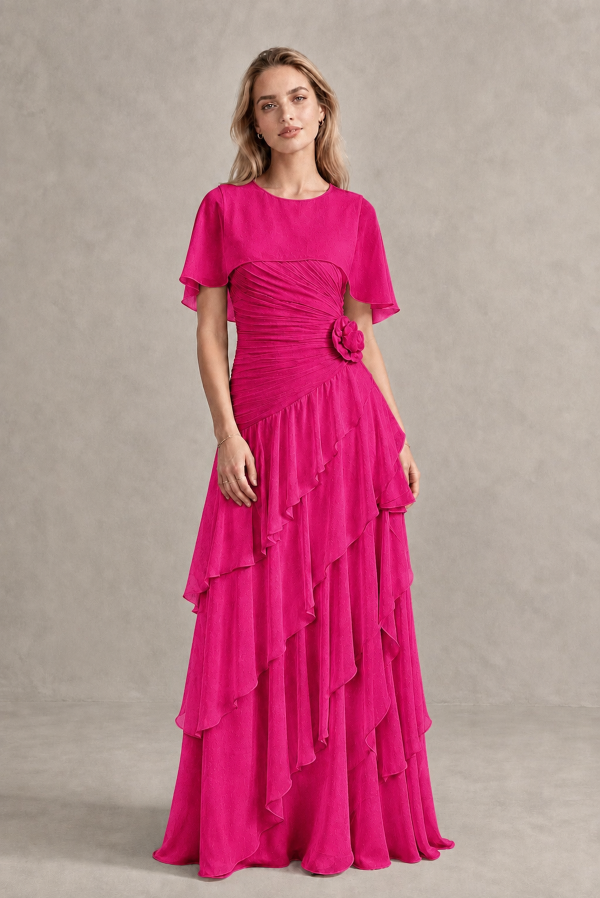 BOLODOO Hot Pink Chiffon Flutter Sleeve Tiered Maxi Dress with 3D Rosette - Hot Pink