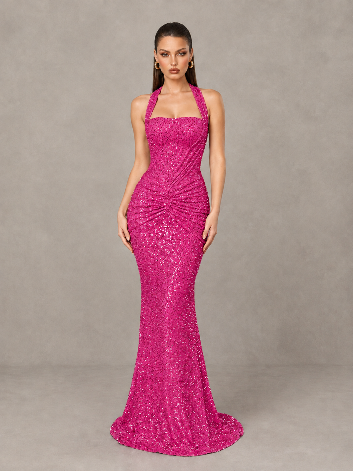 BOLODOO Hot Pink Sequin Halter Mermaid Evening Gown - Hot Pink - Hot Pink (1)