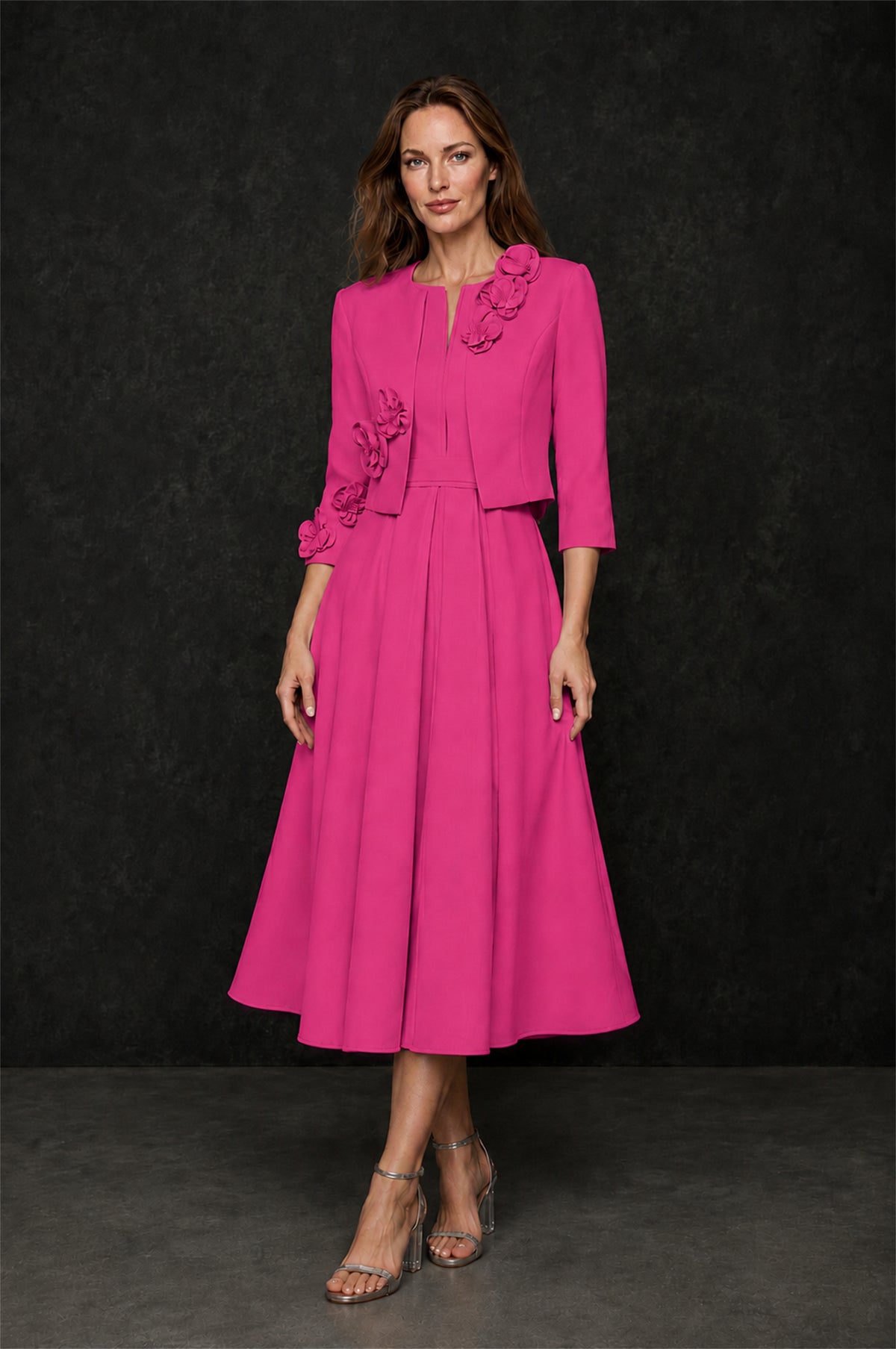 BOLODOO Hot Pink 3D Rosette Appliqué 3/4 Sleeve Jacket & V-Notch Sleeveless A-Line Tea-Length Two-Piece Dress Set - Hot Pink