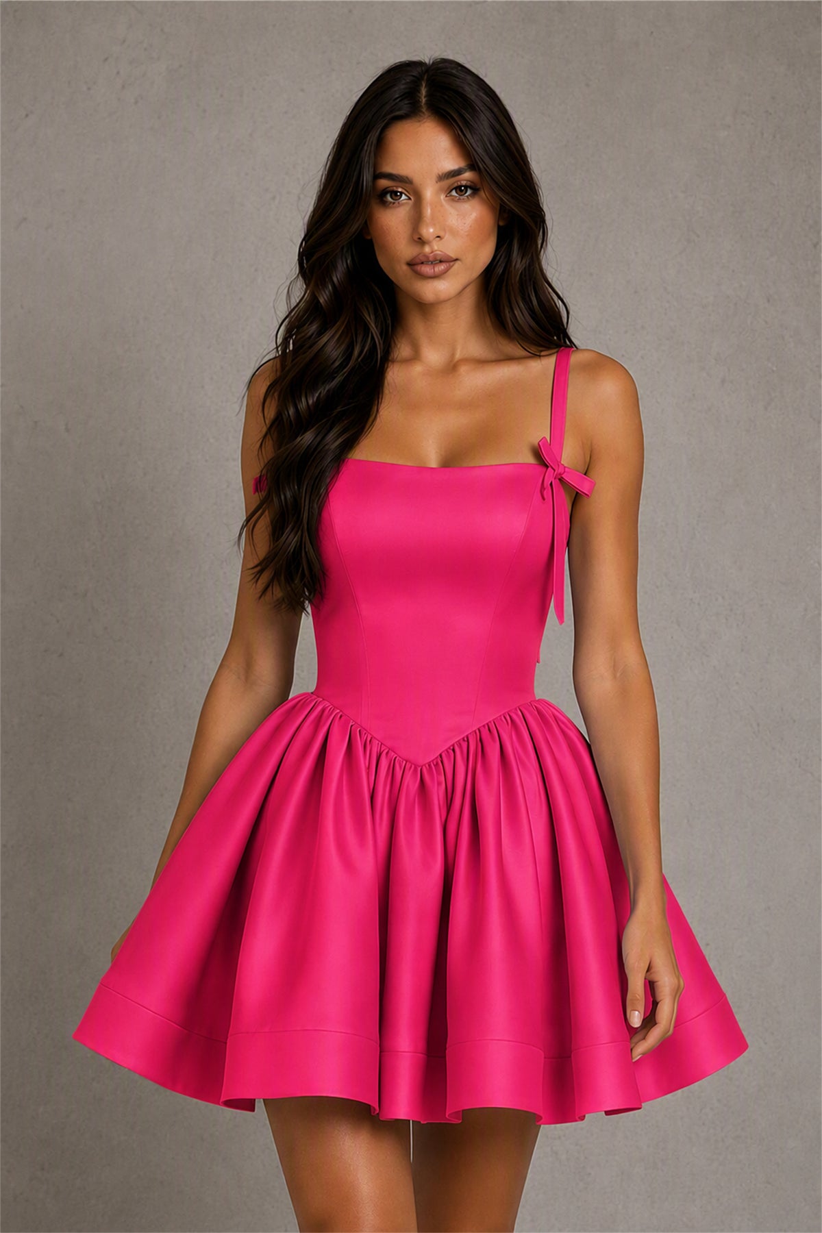 BOLODOO Baby Hot Pink Satin Square Neck Bow Strap Lace-Up Back Bubble Mini Dress | Cocktail Party Date Night Dress - Hot Pink