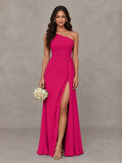 BOLODOO Hot Pink One-Shoulder Chiffon Bridesmaid Dress with Ruched Bodice & High Slit - Hot Pink - Hot Pink (1)