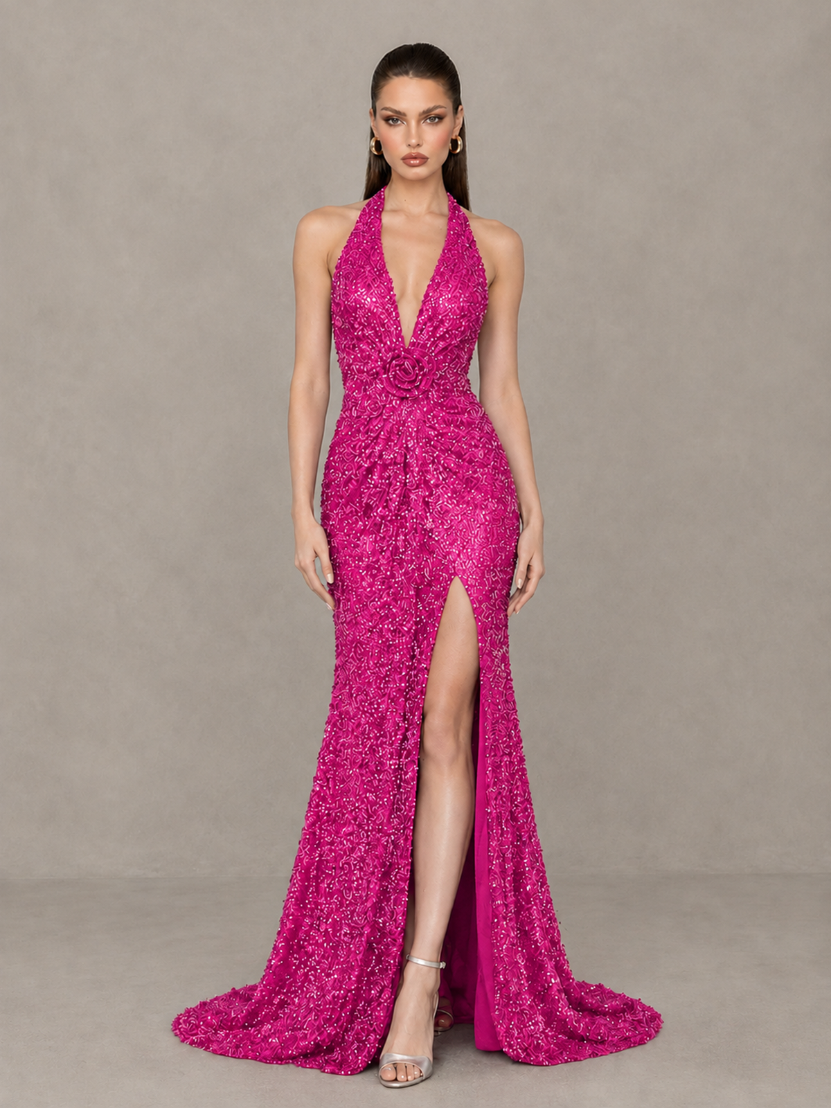 BOLODOO Hot Pink Sequin Halter Open Back Evening Gown with High Slit - Hot Pink - Hot Pink (1)
