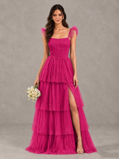 BOLODOO Hot Pink Tiered Tulle Bridesmaid Dress with Slit - Hot Pink - Hot Pink (1)