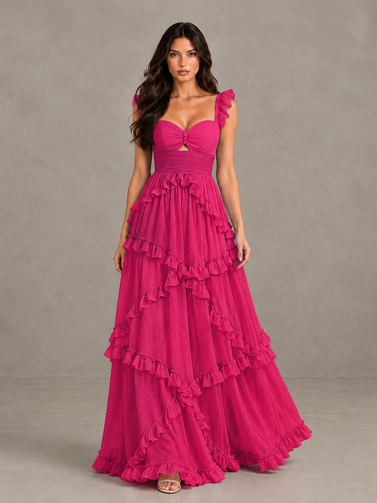BOLODOO Hot Pink Ruffle A-Line Prom Dress with Open Back - Hot Pink - Hot Pink (1)