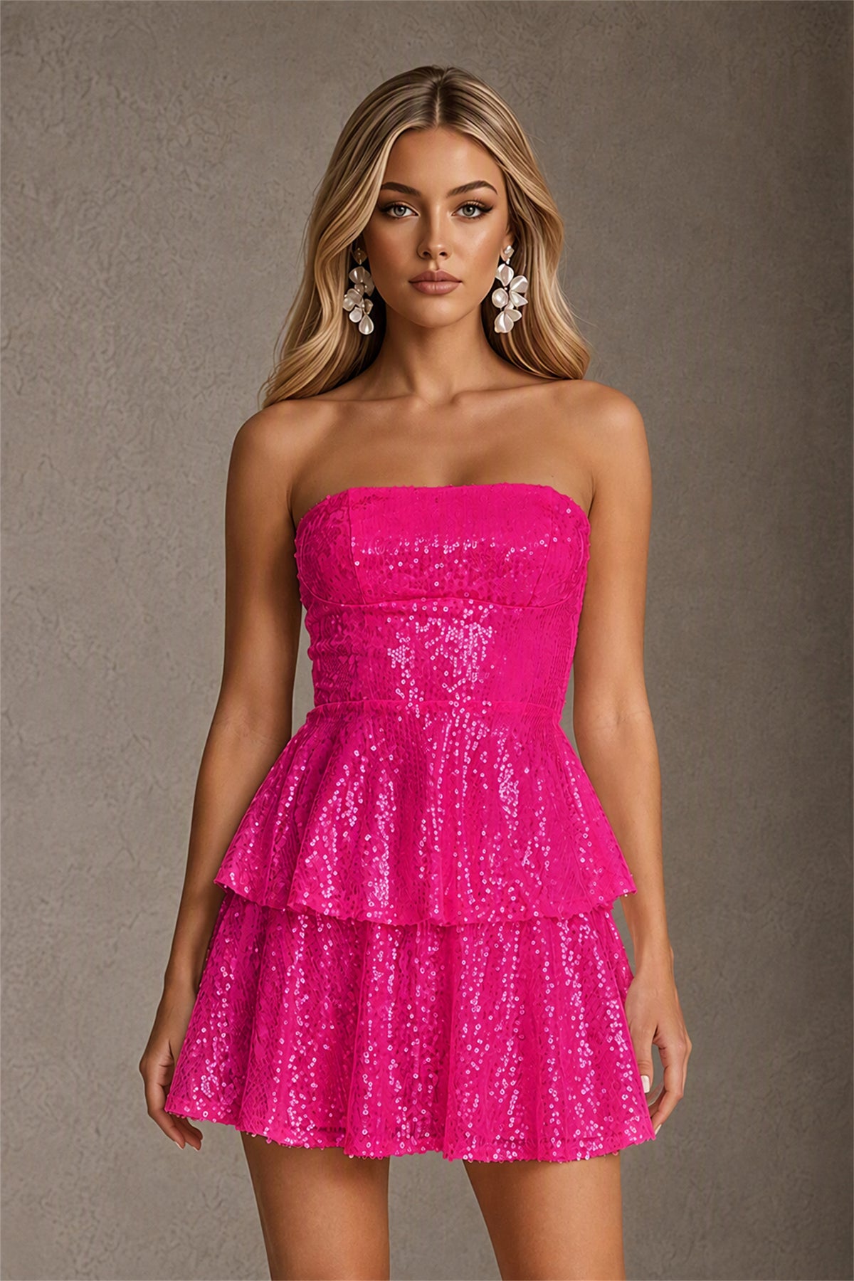 BOLODOO Hot Pink Iridescent Sequin Strapless Open Back Bow Tiered Mini Dress | Aurora Sequin Ruffle Party Dress - Hot Pink