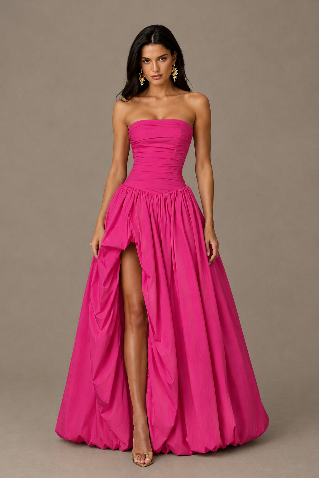 BOLODOO Hot Pink Strapless Ruched Corset Lace-Up Back Bubble Skirt High Slit Taffeta Maxi Dress - Hot Pink