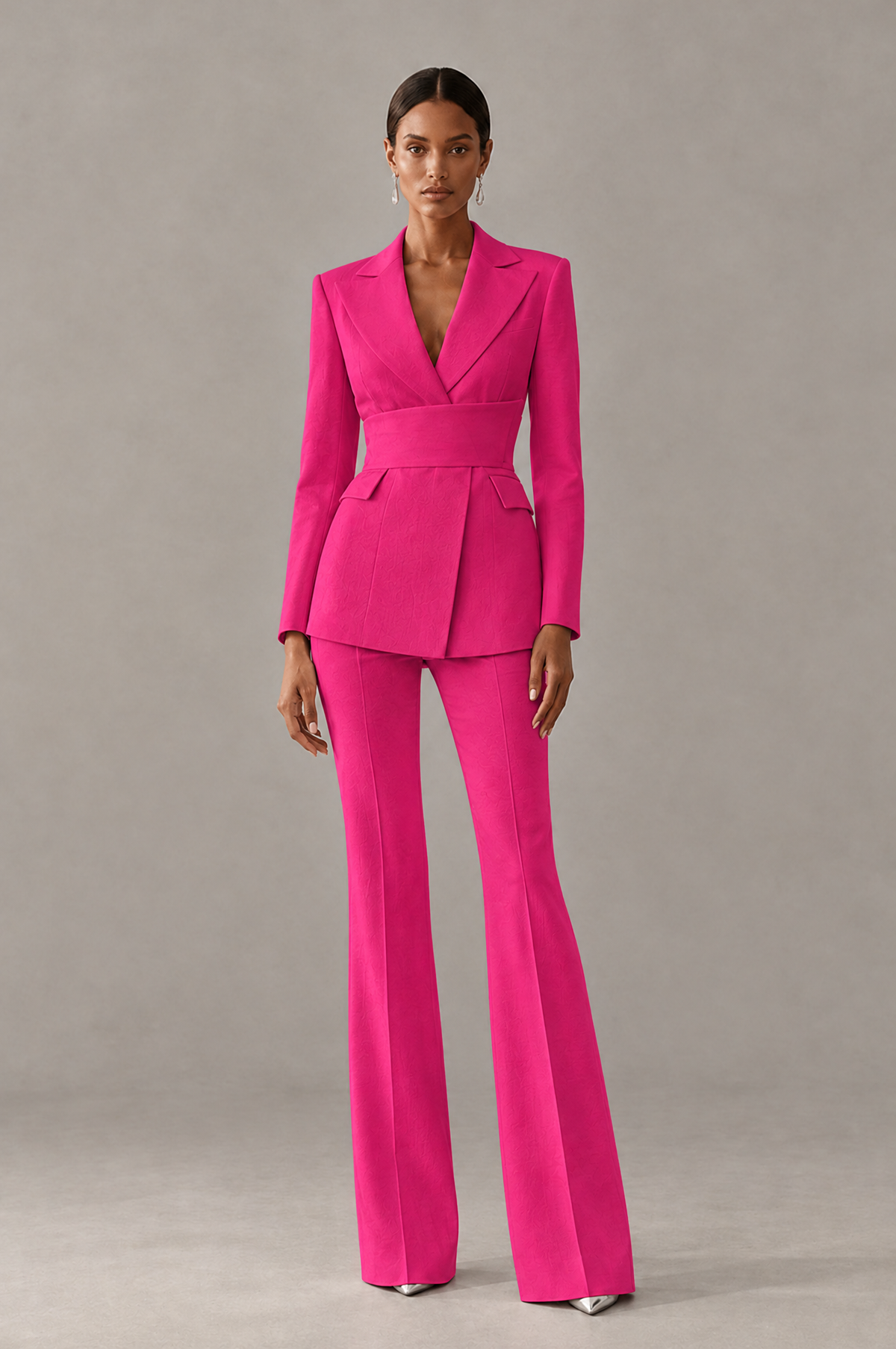 BOLODOO Hot Pink Two-Piece Pantsuit with Tailored Blazer & Flared Pants - Hot Pink - Hot Pink (1)