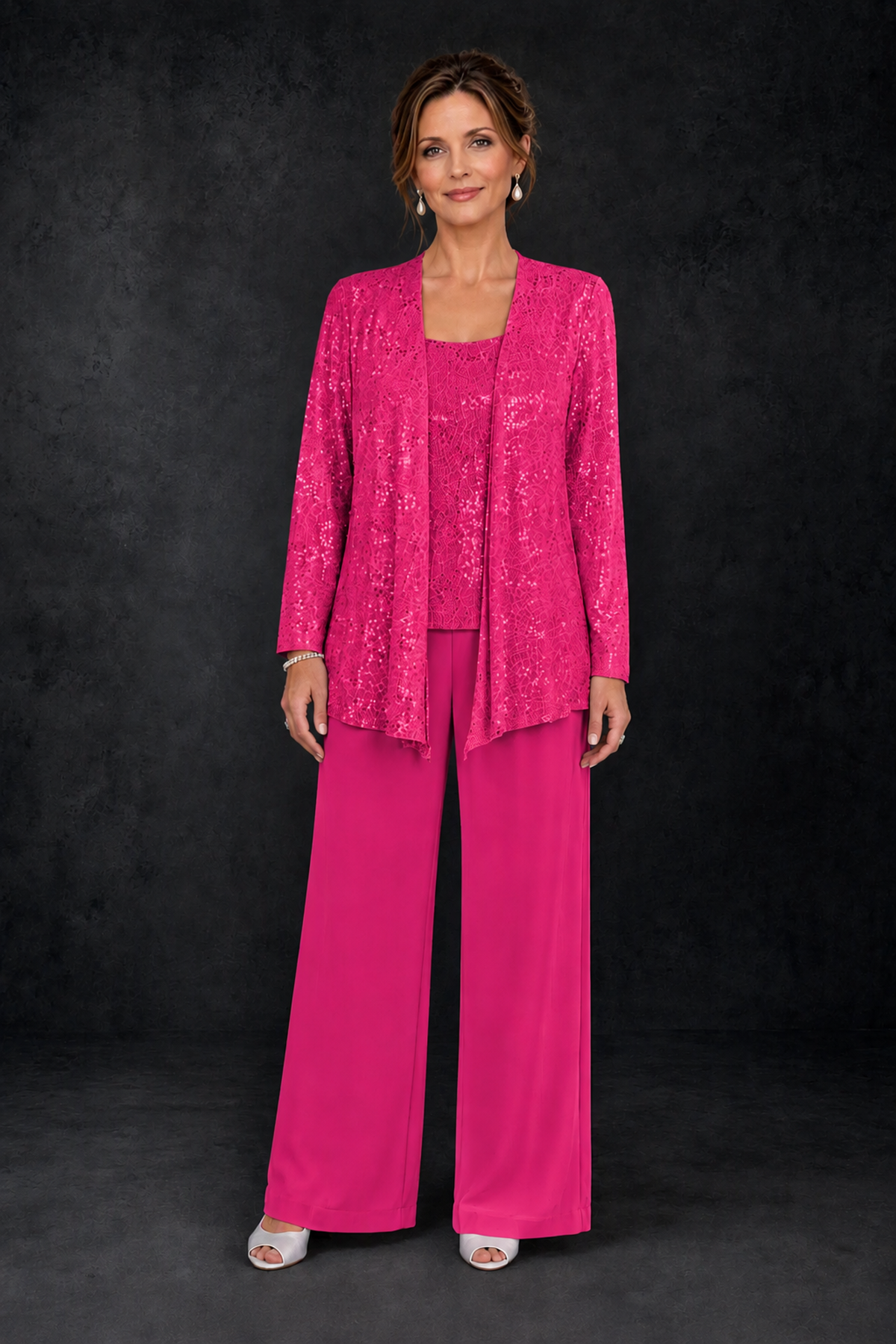 BOLODOO Hot Pink Sequin Lace 3-Piece Pant Suit with Long Sleeve Jacket - Hot Pink - Hot Pink (1)