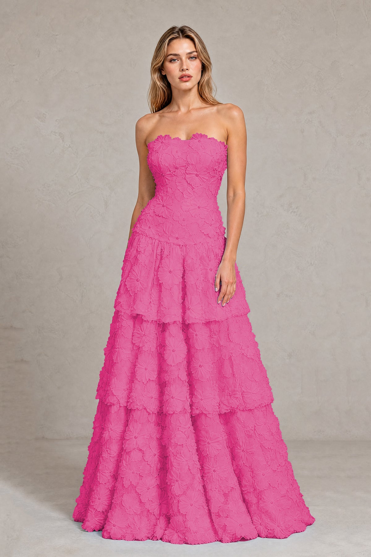 BOLODOO Hot Pink Strapless 3D Floral Tiered Evening Gown - Hot Pink