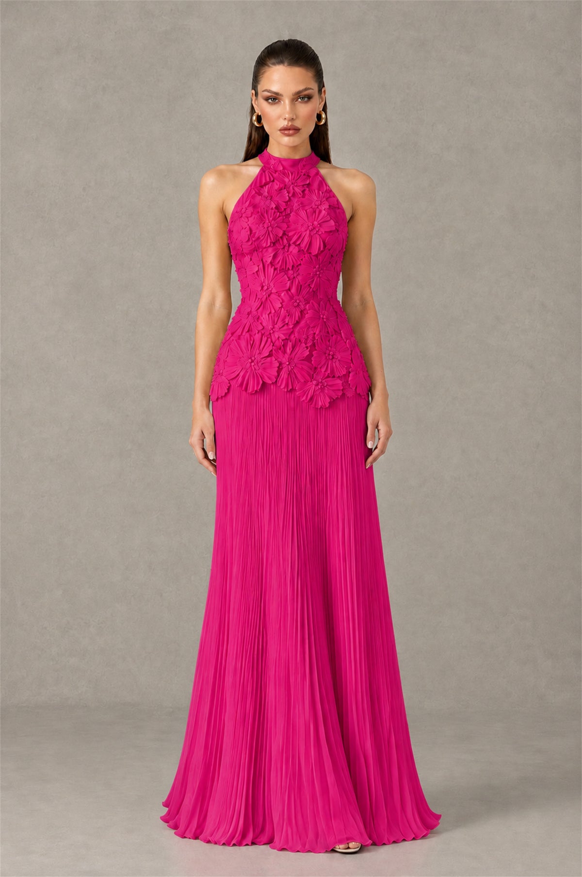 BOLODOO Hot Pink 3D Floral Applique Halter Neck Open Back Pleated Maxi Dress - Hot Pink