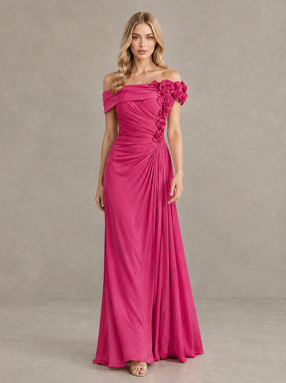 BOLODOO Hot Pink Off-Shoulder Floral Applique Wedding Guest Maxi Dress - Hot Pink - Hot Pink (1)