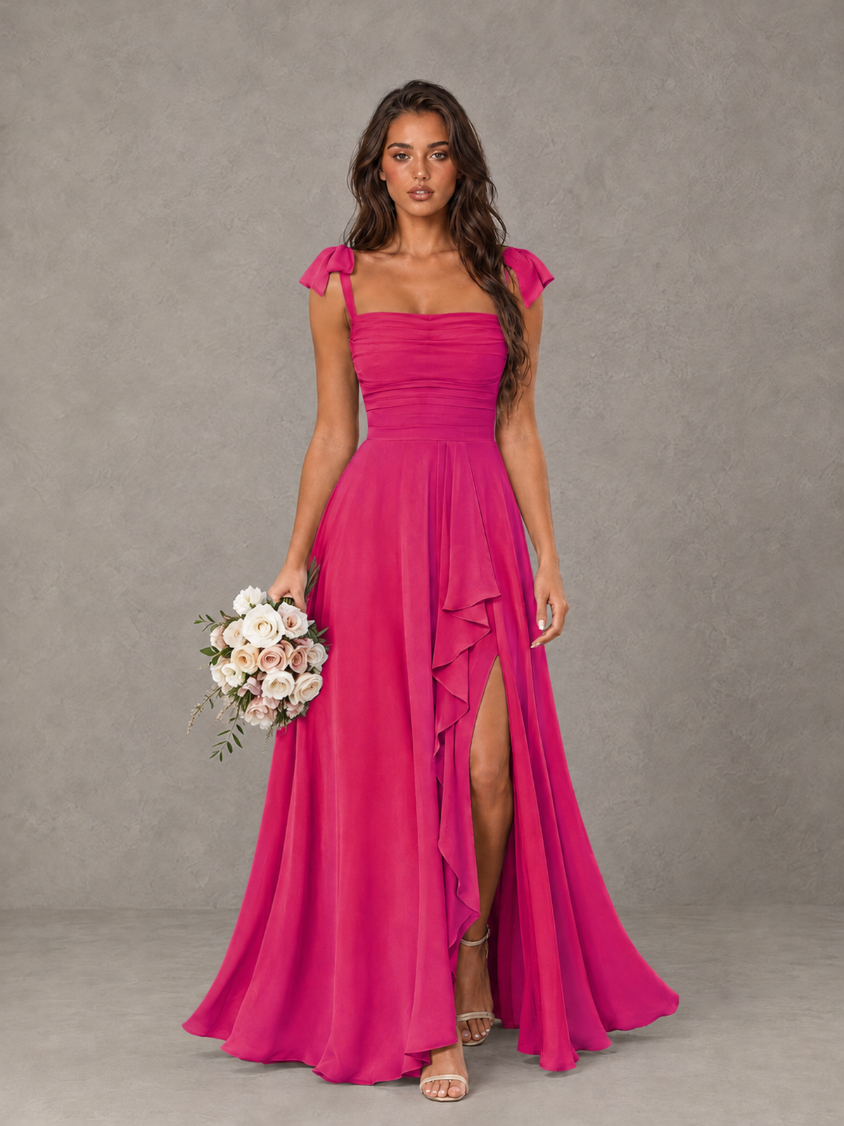 BOLODOO Hot Pink Bow-Strap Bridesmaid Dress with Ruffle Slit - Hot Pink - Hot Pink (1)