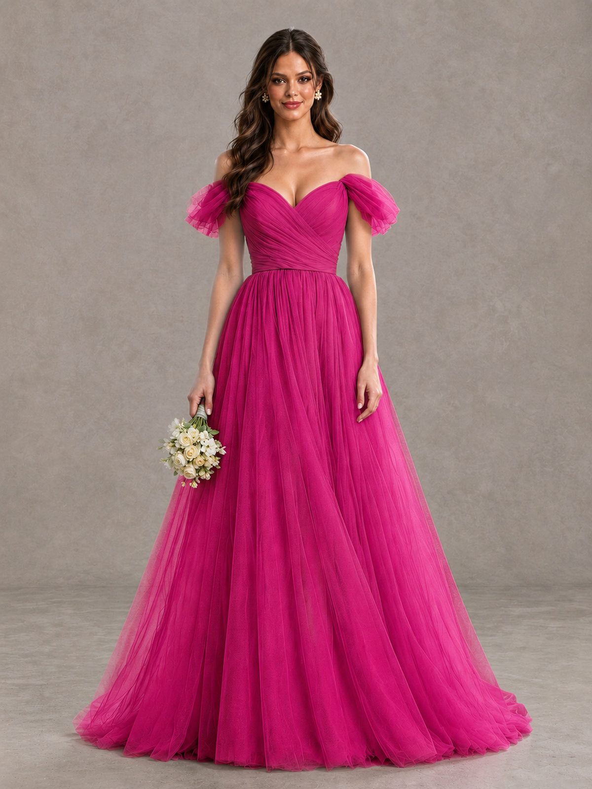 BOLODOO Hot Pink Off-the-Shoulder Ruffle Sleeve A-Line Bridesmaid Dress - Hot Pink - Hot Pink (1)