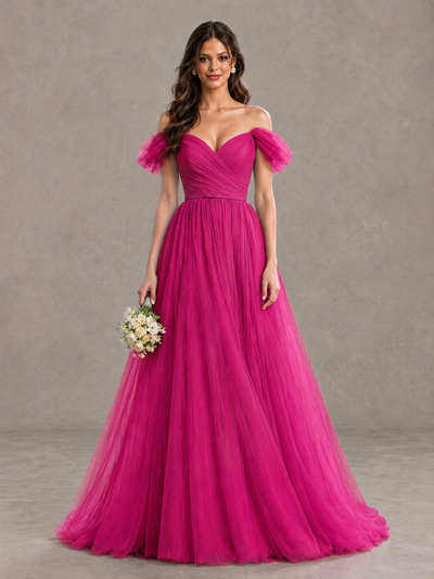 BOLODOO Hot Pink Off-the-Shoulder Ruffle Sleeve A-Line Bridesmaid Dress - Hot Pink - Hot Pink (1)