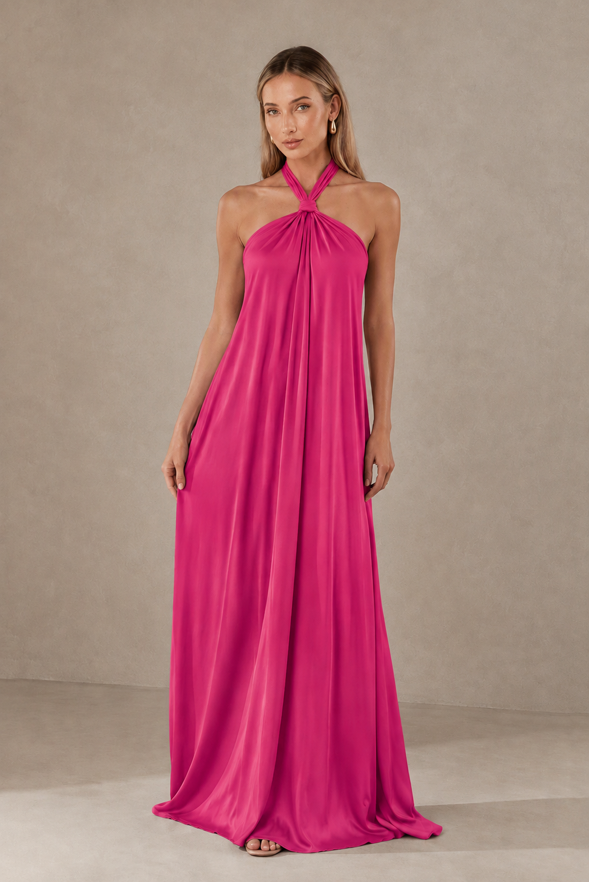 BOLODOO Hot Pink Backless Halter Satin Bridesmaid Dress - Hot Pink