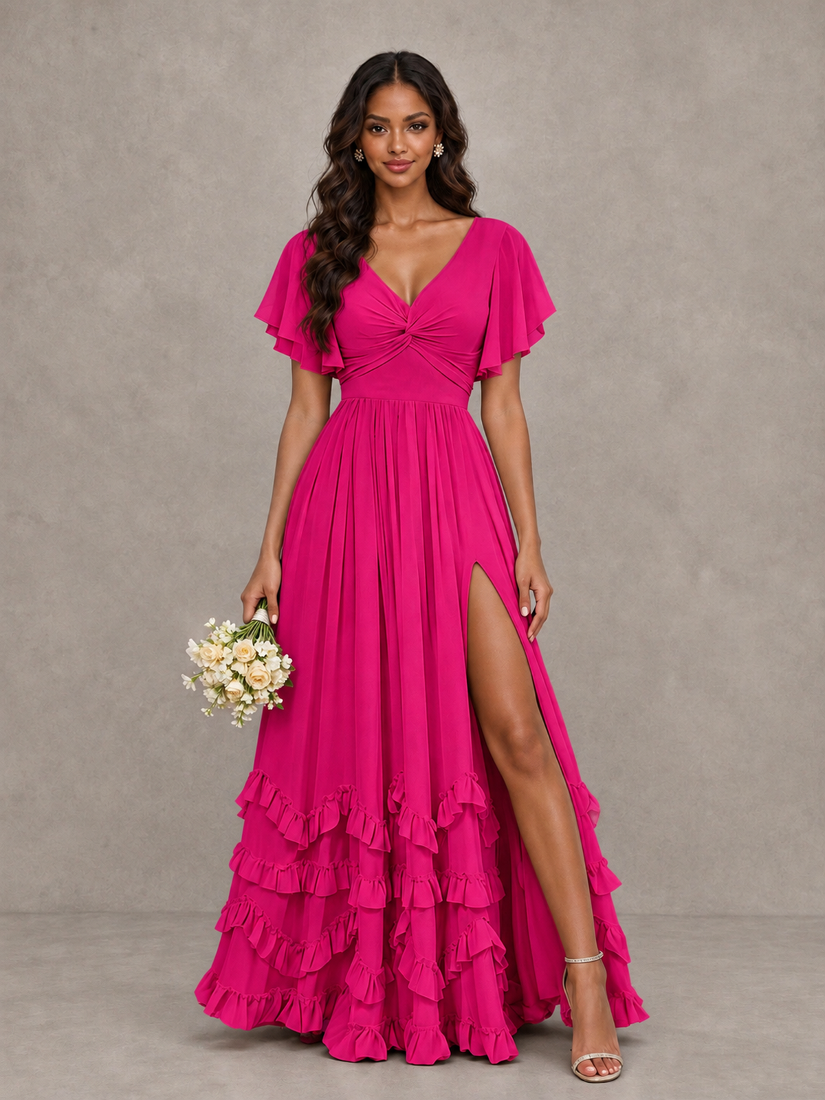 BOLODOO Hot Pink V-Neck Flutter Sleeve Ruffle Bridesmaid Dress with Slit - Hot Pink - Hot Pink (1)