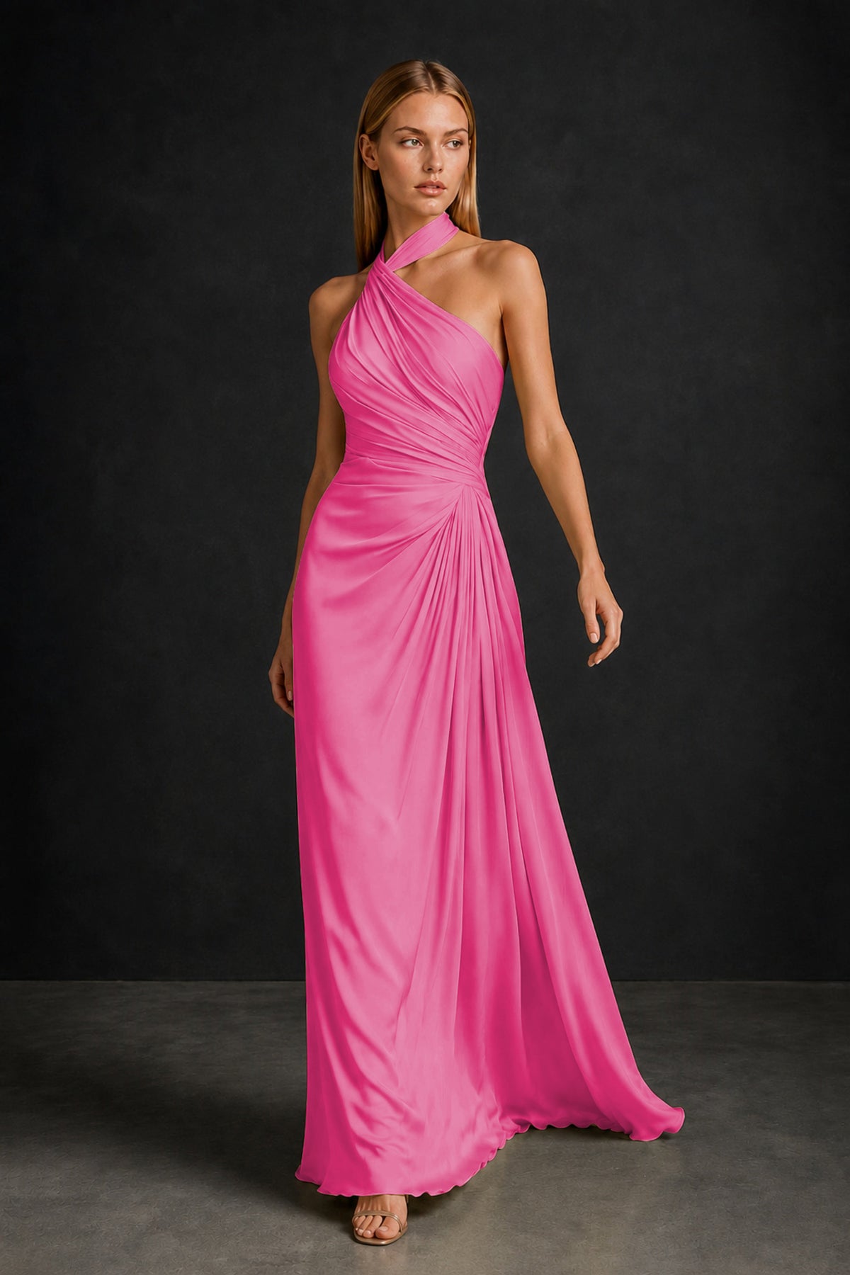 BOLODOO Hot Pink Twisted Halter Neck Ruched Sleeveless Open Back Floor-Length Gown - Hot Pink
