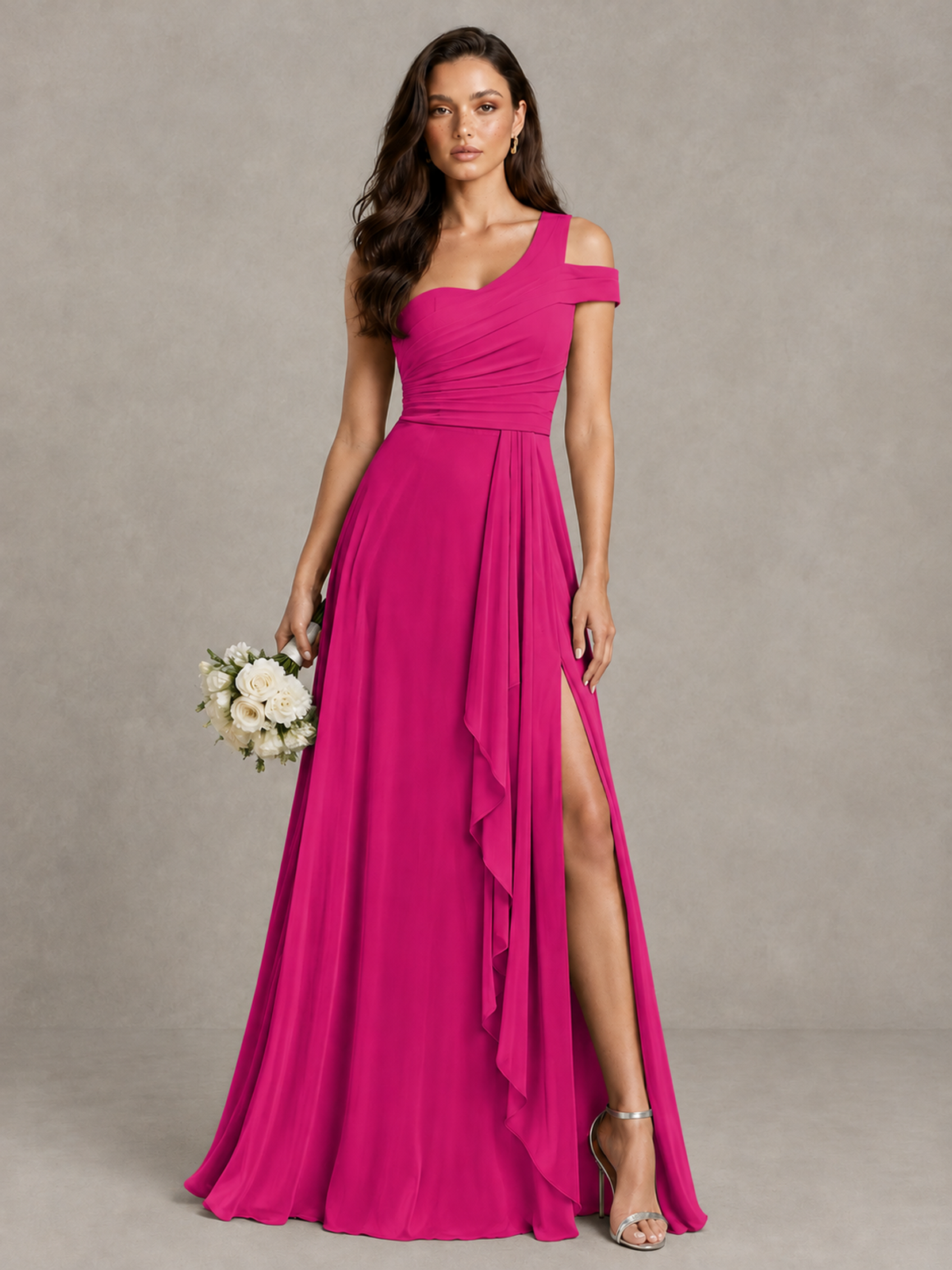 BOLODOO Hot Pink One-Shoulder Bridesmaid Dress with Side Slit - Hot Pink - Hot Pink (1)