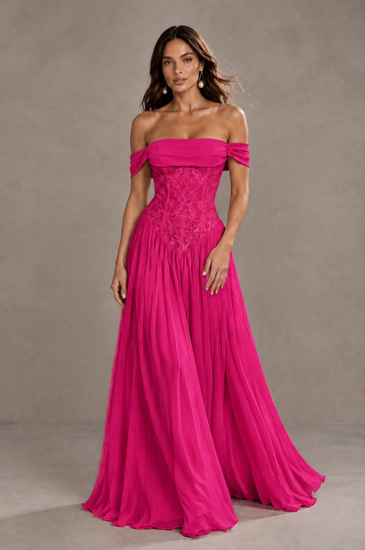 BOLODOO Hot Pink Off-Shoulder Lace Corset Tulle Maxi Dress - Hot Pink - Hot Pink (1)