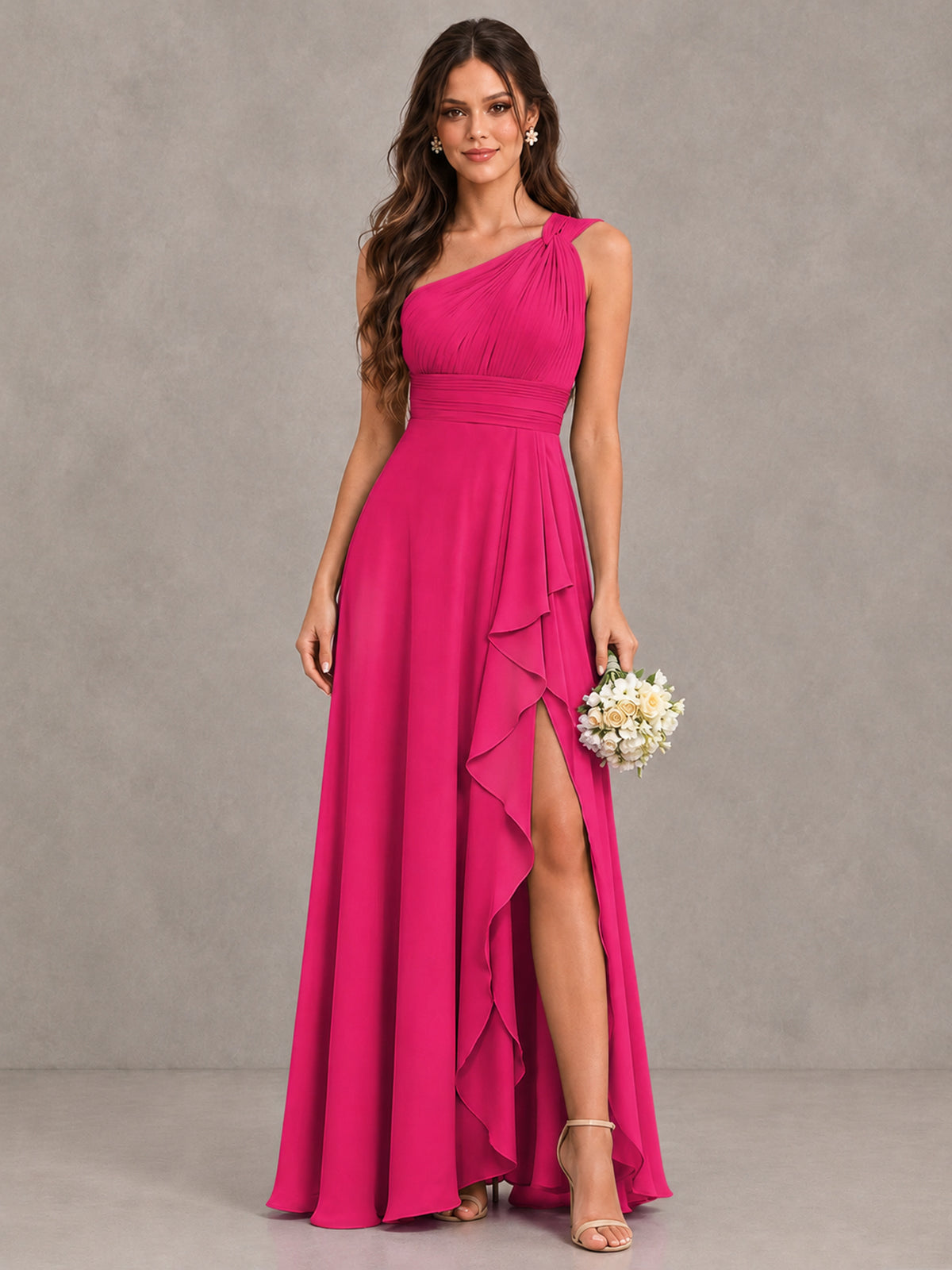 BOLODOO Hot Pink One-Shoulder Ruffle Bridesmaid Dress with Slit - Hot Pink - Hot Pink (1)