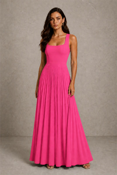 BOLODOO Hot Pink Square Neck Wide Strap Lace-Up Back Pleated A-Line Chiffon Maxi Dress - Hot Pink
