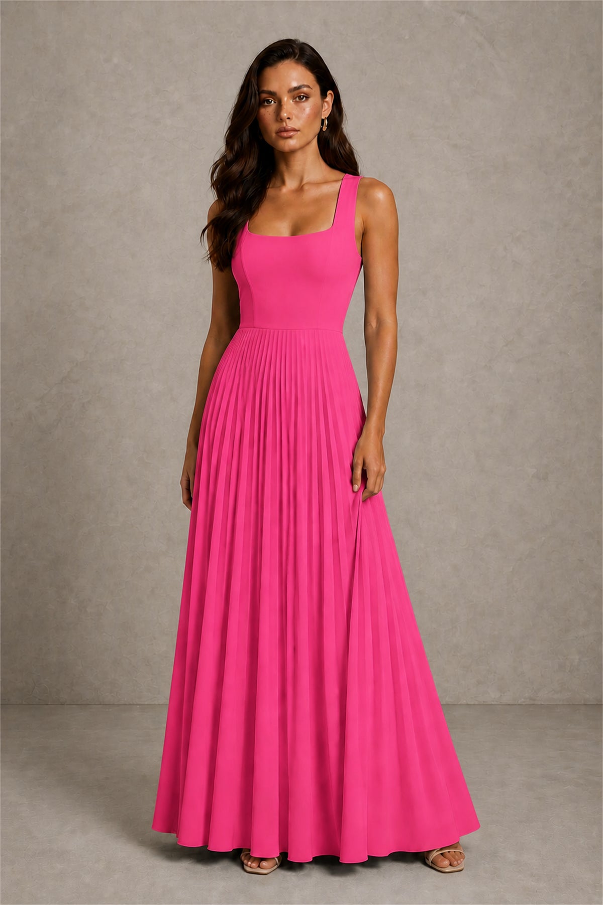 BOLODOO Hot Pink Square Neck Wide Strap Lace-Up Back Pleated A-Line Chiffon Maxi Dress - Hot Pink