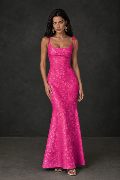 BOLODOO Hot Pink Scoop Neck Tie Strap Lace-Up Back Floral Jacquard Mermaid Maxi Dress - Hot Pink