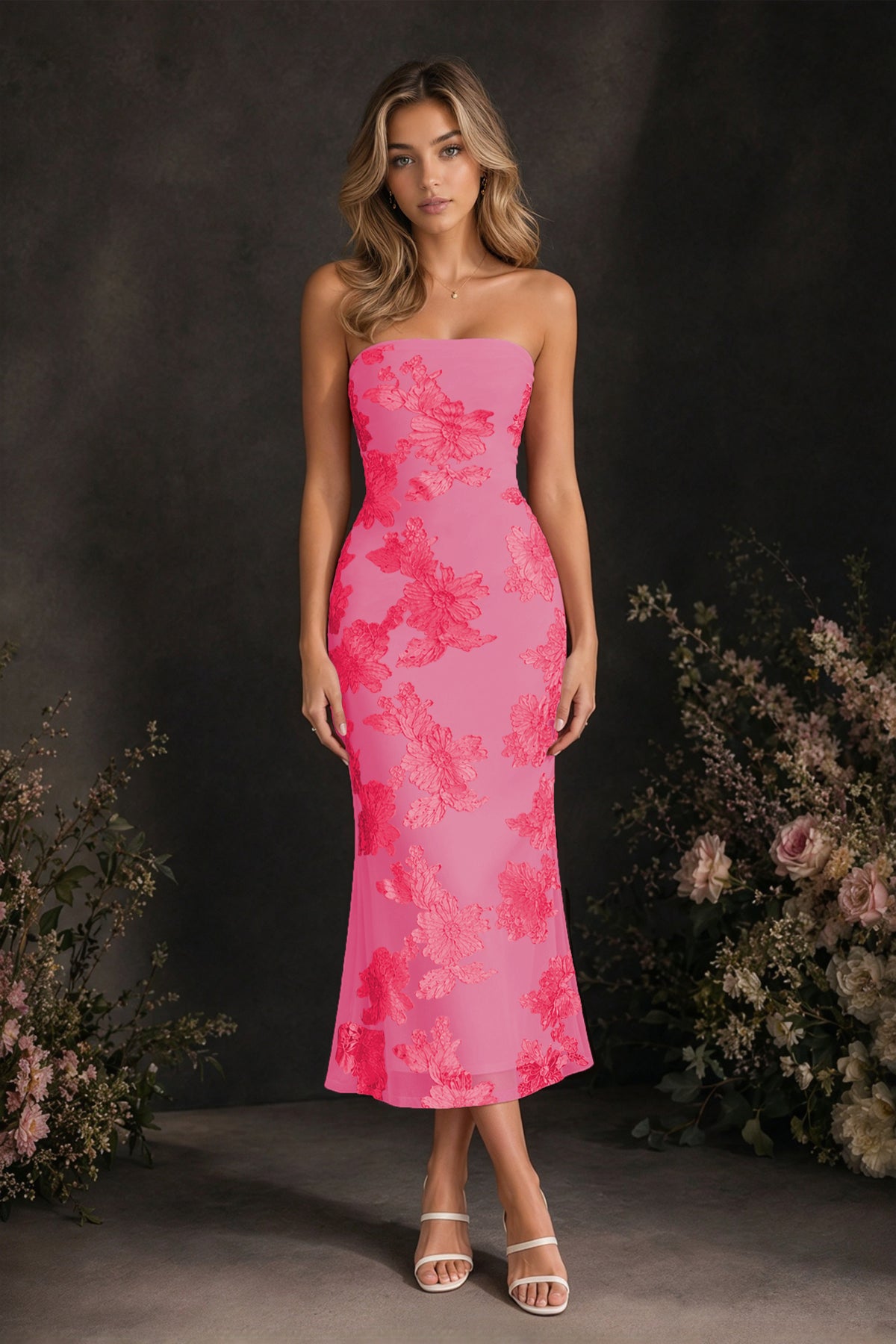 BOLODOO Hot Pink Tonal Floral Embroidered Mesh Strapless Open Back Bodycon Midi Tea Length Dress - Hot Pink