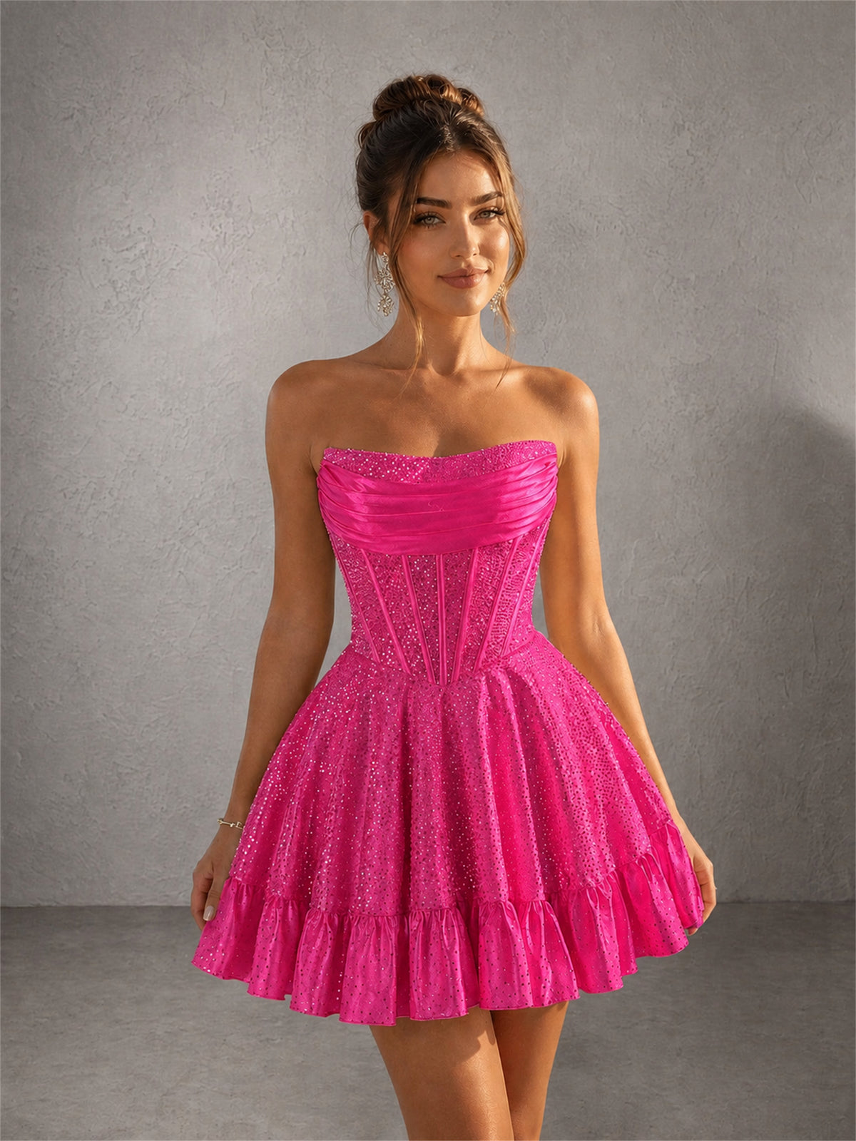 BOLODOO Hot Pink Strapless Sweetheart Glitter Lace Corset Ruffle Mini Dress with Lace-Up Back - Hot Pink