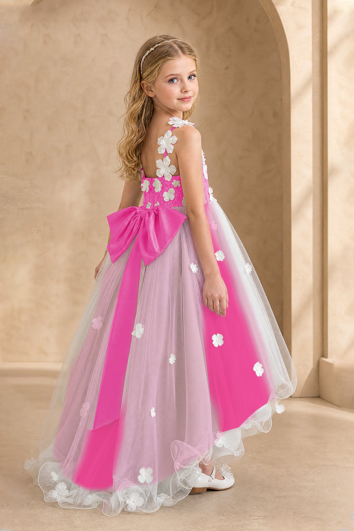 BOLODOO Hot Pink Flower Girl Dress with Floral Appliqué and High-Low Tulle Skirt - Hot Pink