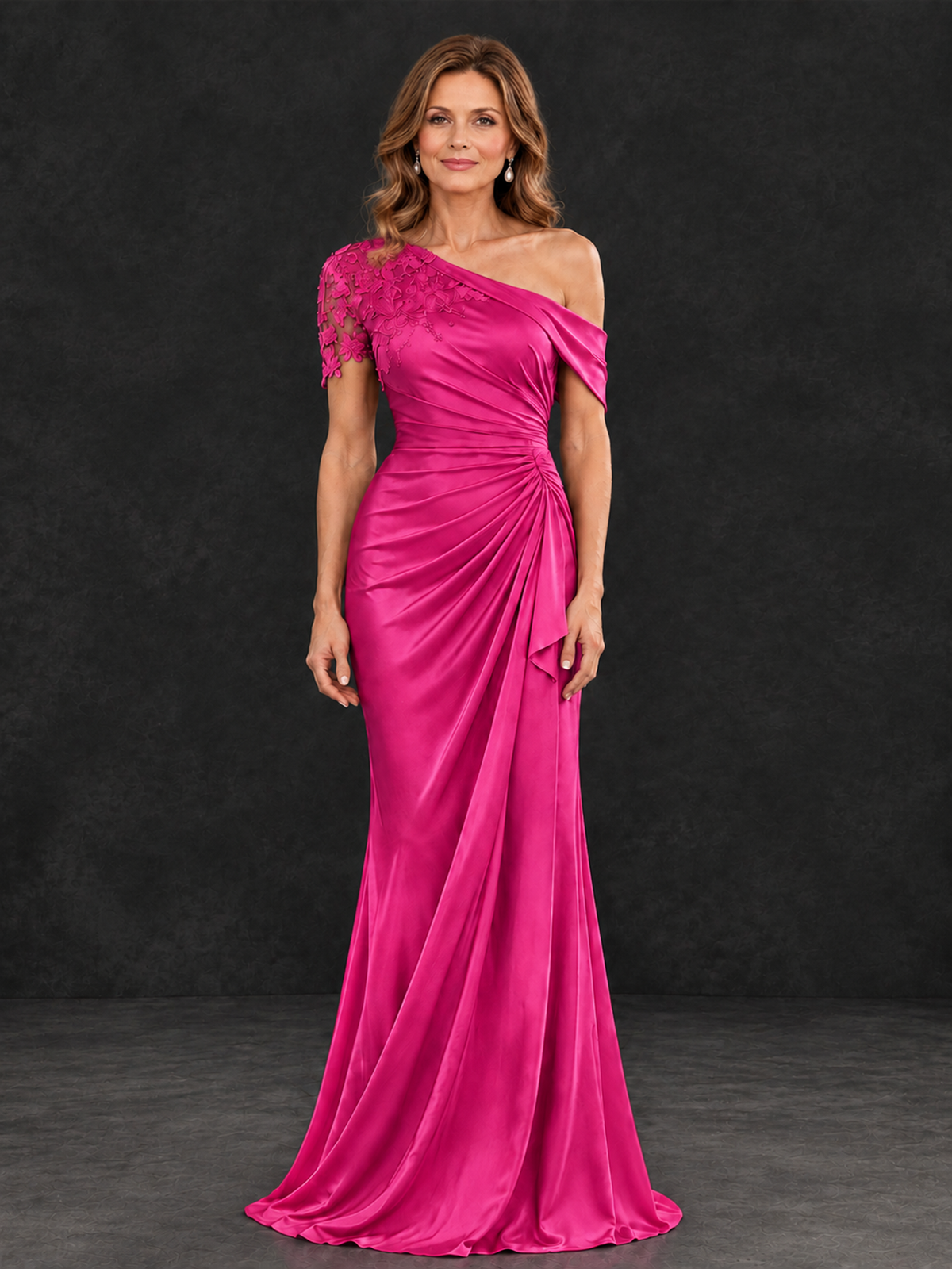 BOLODOO Hot Pink Asymmetric Satin Mother of the Bride Dress with Lace Sleeve - Hot Pink - Hot Pink (1)