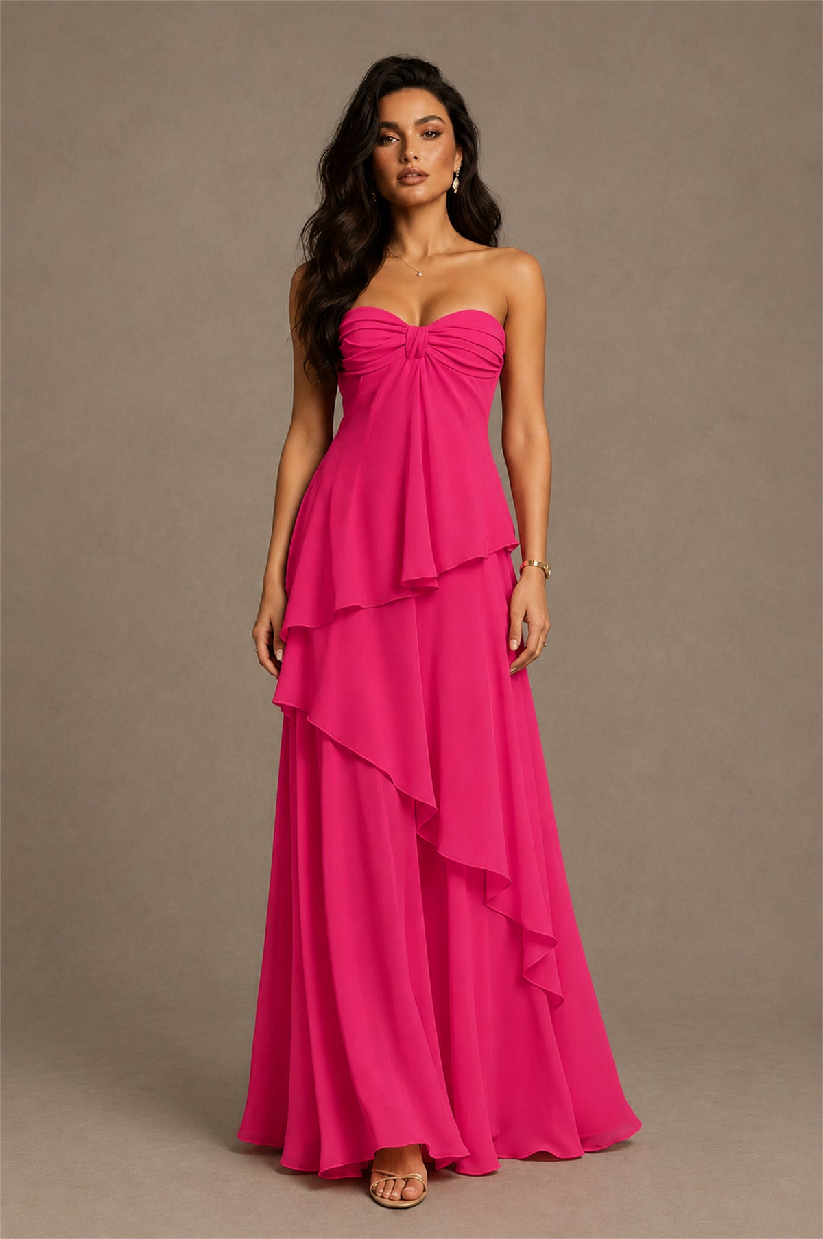 BOLODOO Hot Pink Strapless Sweetheart Knotted Chiffon Tiered Maxi Dress with Lace-Up Back - Hot Pink