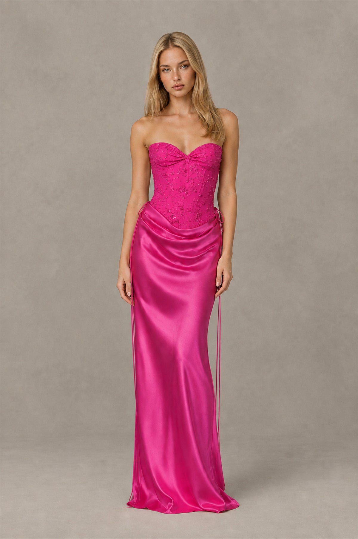 BOLODOO Hot Pink Strapless Embellished Corset Satin-Look Maxi Dress - Hot Pink