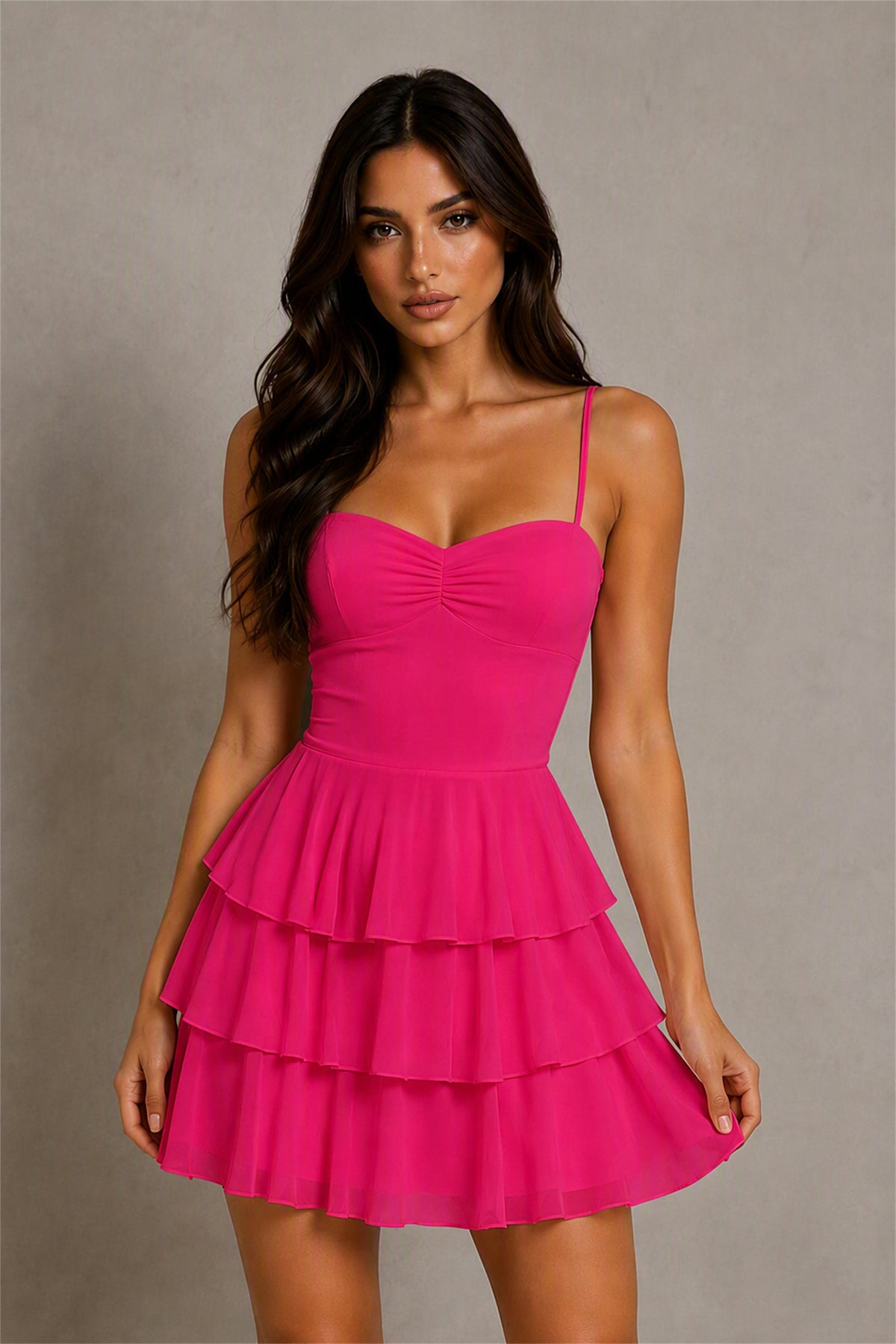 BOLODOO Hot Pink Chiffon Sweetheart Spaghetti Strap Lace-Up Open Back Tiered Ruffle Mini Dress | Cocktail Party Date Night Dress - Hot Pink