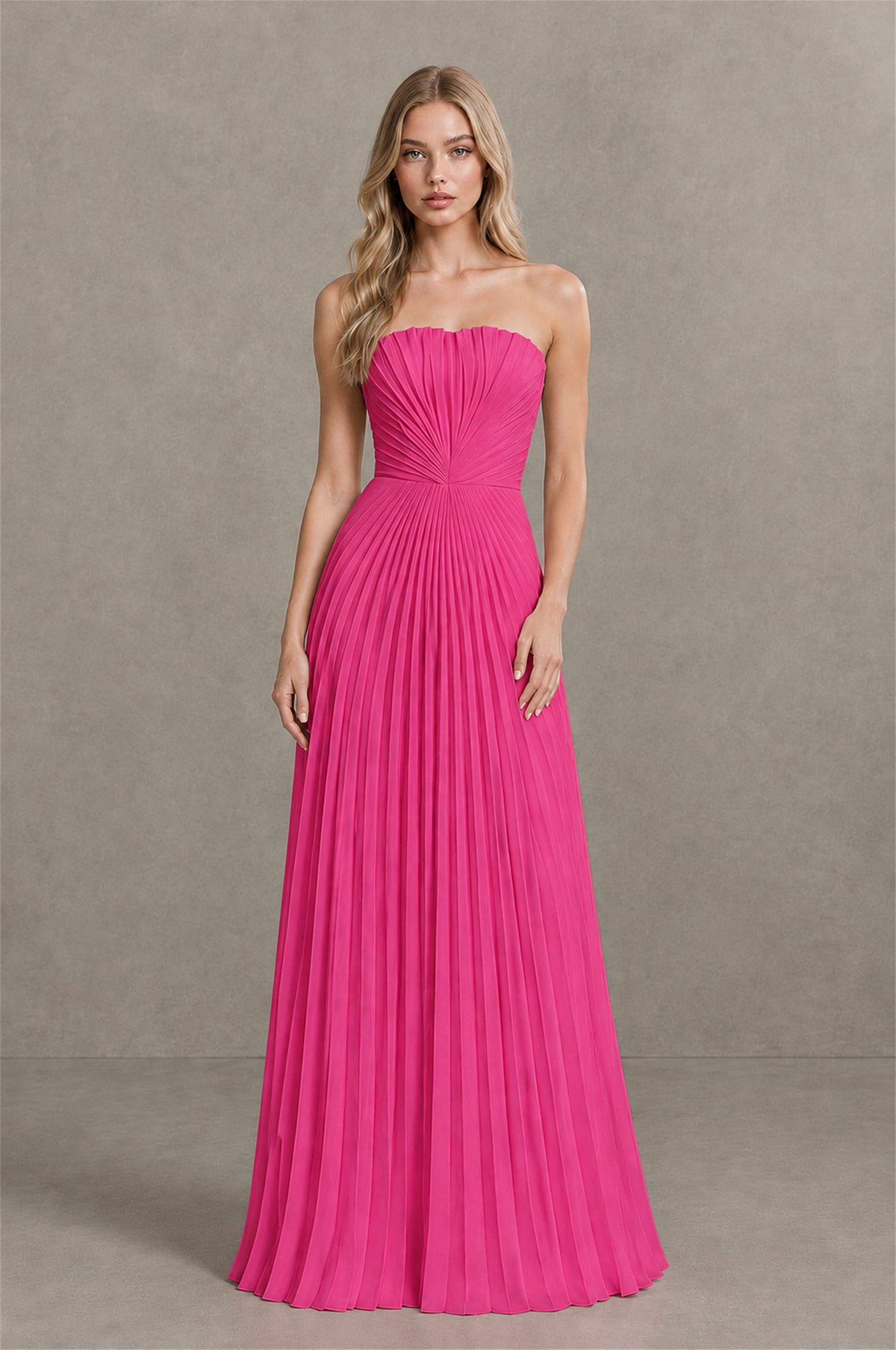 BOLODOO Hot Pink Strapless Sunburst Pleated Twisted Knot Lace-Up Back Accordion Pleated Chiffon Maxi Dress - Hot Pink