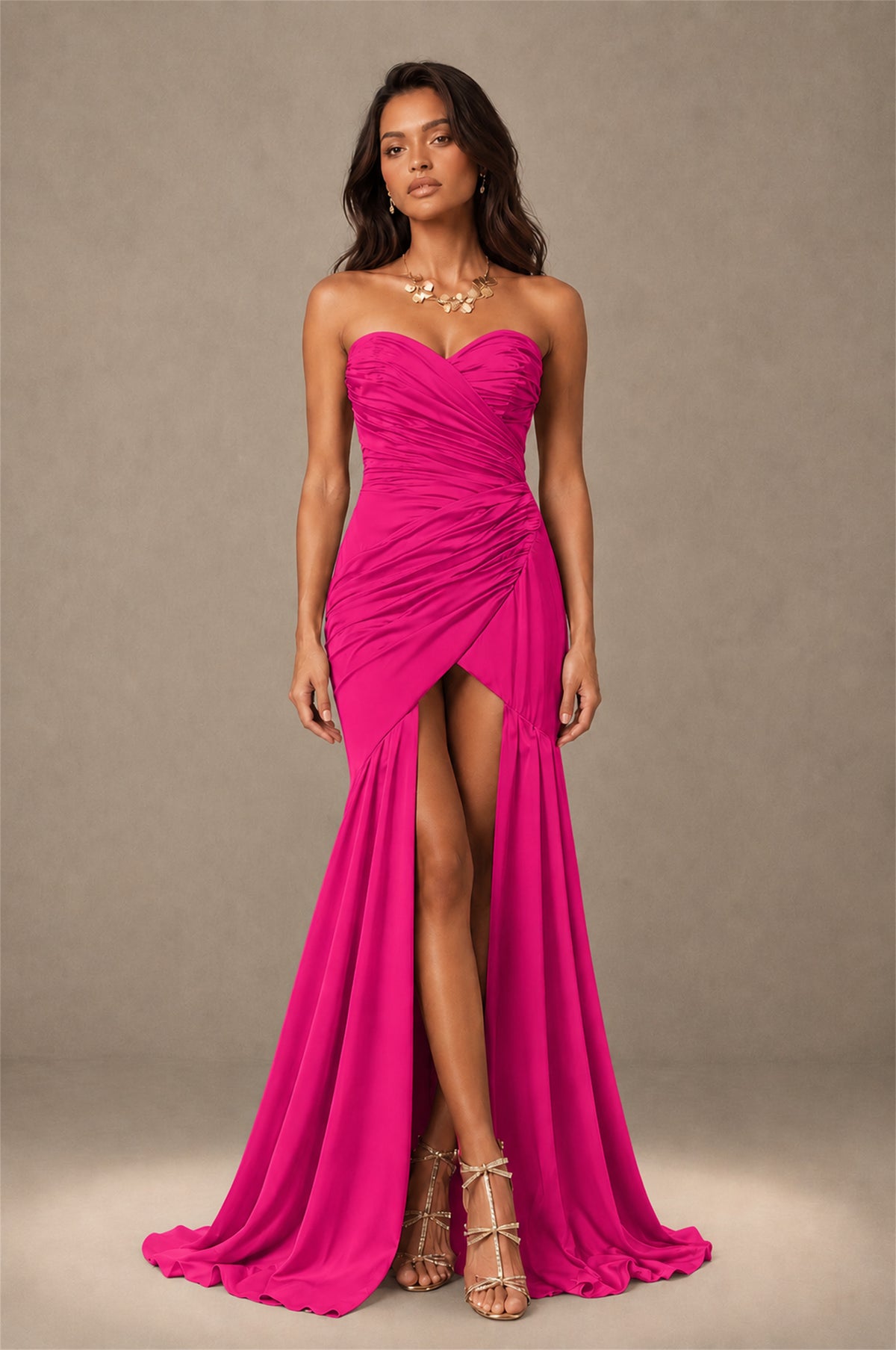BOLODOO Hot Pink Brown Stretch Satin Sweetheart Strapless Ruched Open Back High Slit Mermaid Maxi Dress - Hot Pink