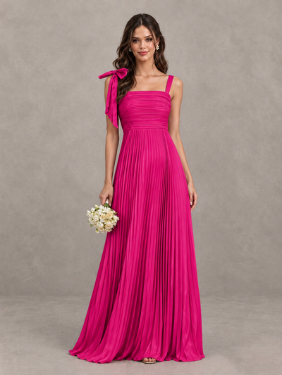 BOLODOO Hot Pink Pleated Bow-Strap Bridesmaid Maxi Dress - Hot Pink - Hot Pink (1)