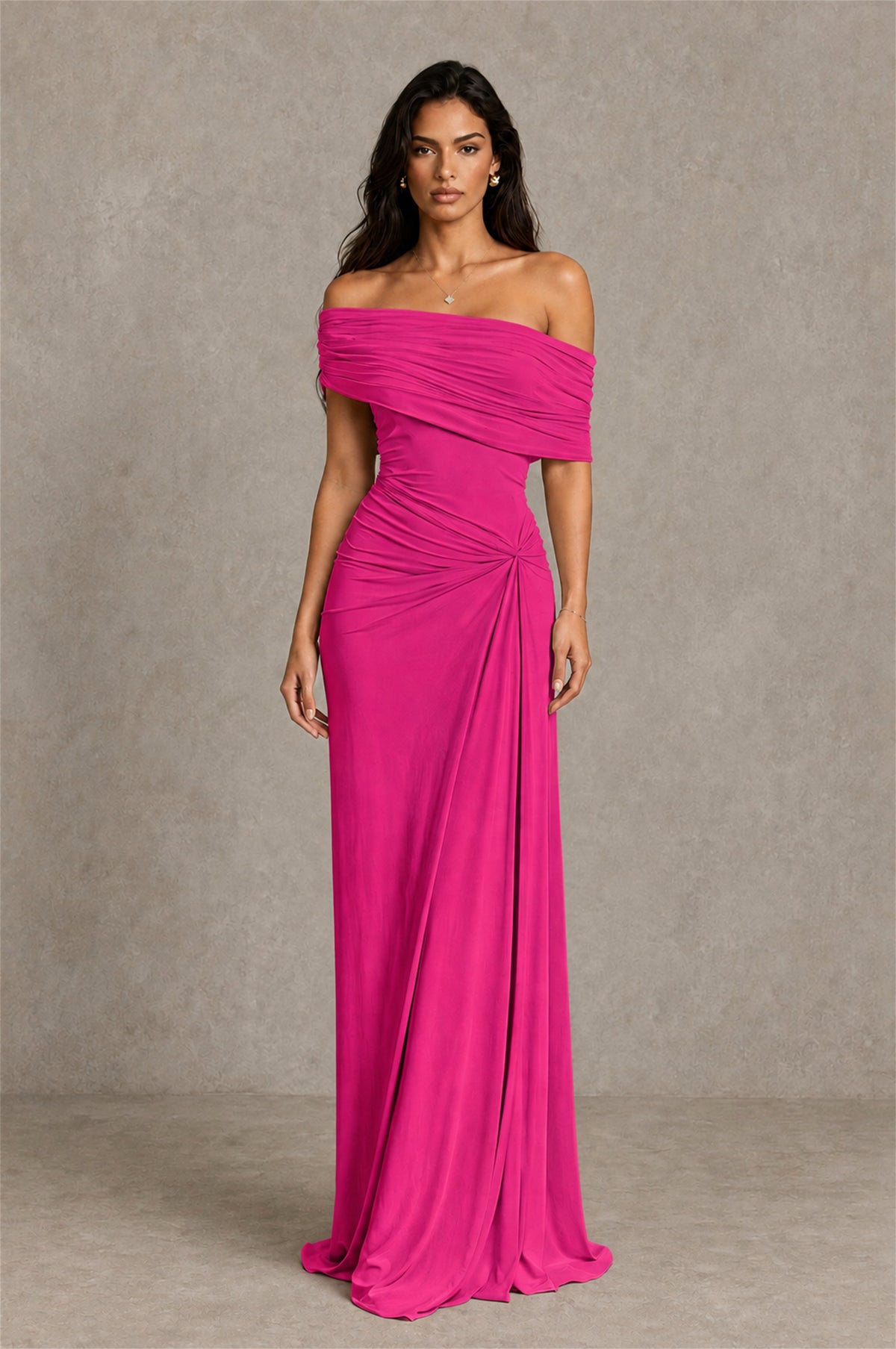 BOLODOO Hot Pink Off-Shoulder Ruched Maxi Dress - Hot Pink