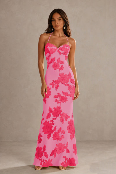 BOLODOO Hot Pink Halter Sweetheart Floral Embroidered Lace-Up Open Back Maxi Dress | BD0257 - Hot Pink