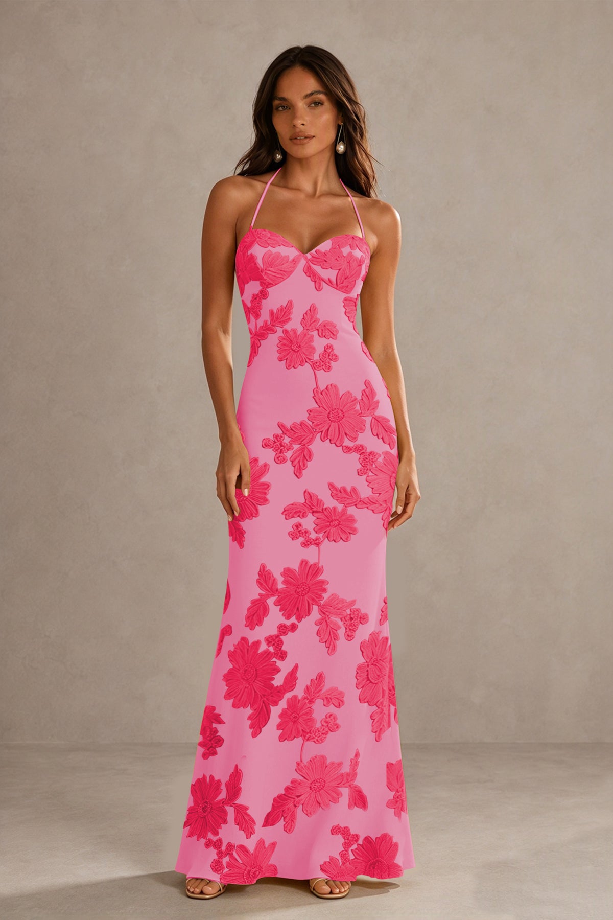 BOLODOO Hot Pink Halter Sweetheart Floral Embroidered Lace-Up Open Back Maxi Dress | BD0257 - Hot Pink