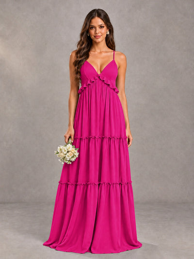 BOLODOO Hot Pink Tiered V-Neck Lace-Up Back Bridesmaid Dress - Hot Pink - Hot Pink (1)