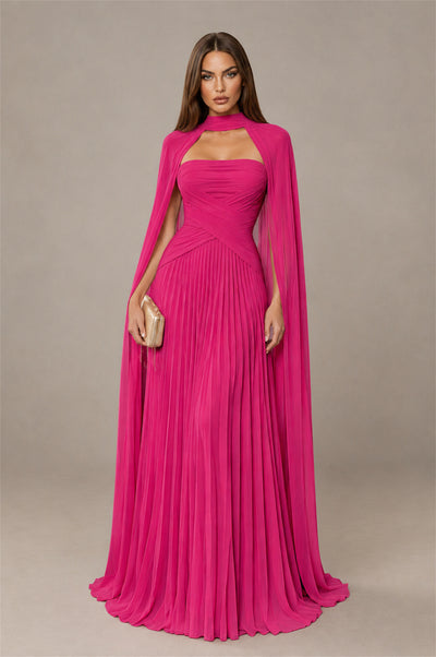 BOLODOO Hot Pink Strapless Crossover Ruched Bodice Detached Turtleneck Cape Lace-Up Back Pleated Chiffon Maxi Dress - Hot Pink