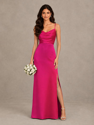 BOLODOO Hot Pink Cowl Neck Satin Bridesmaid Dress with Slit - Hot Pink - Hot Pink (1)