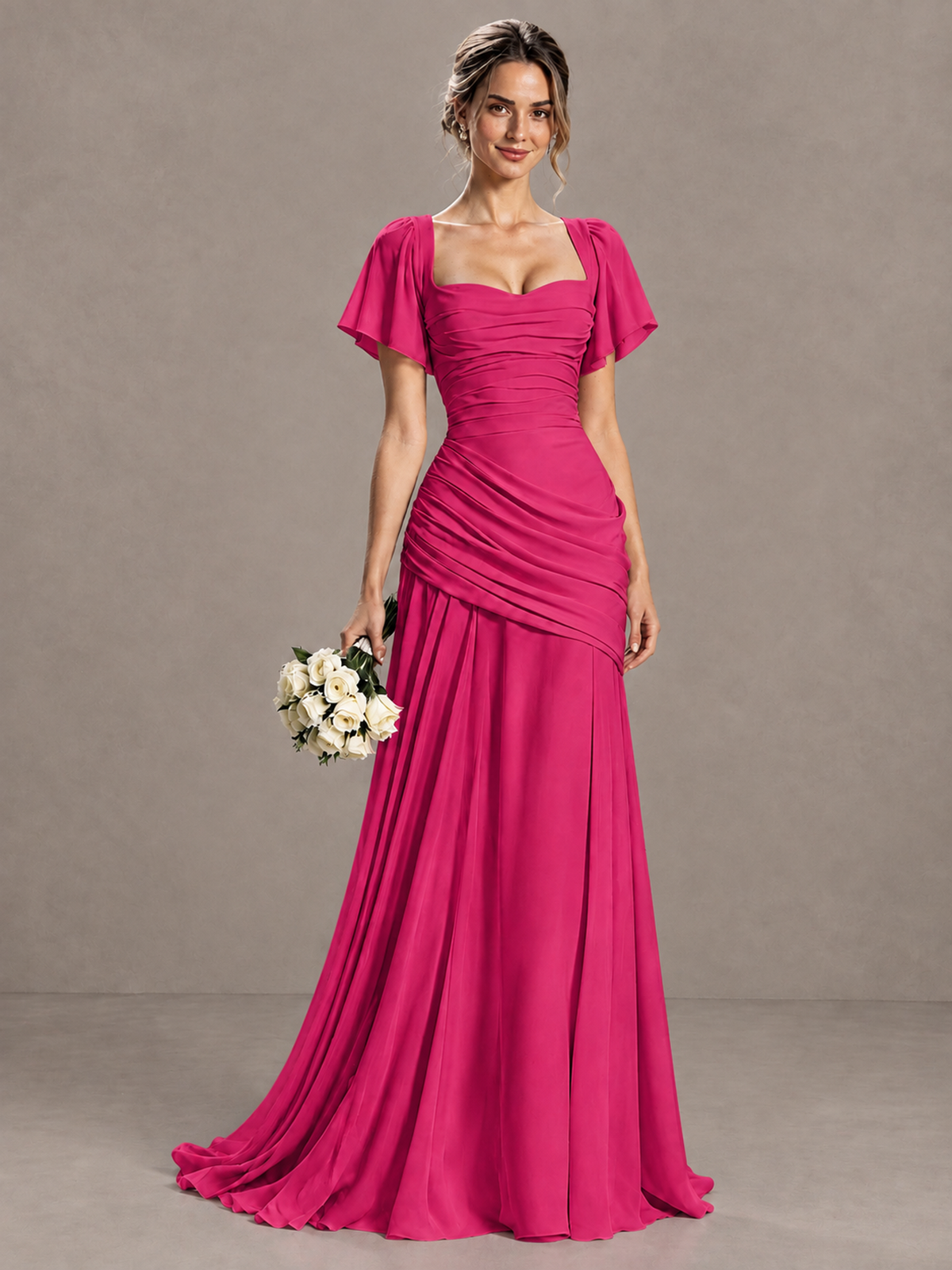 BOLODOO Hot Pink Flutter Sleeve Lace-Up Back Maxi Dress - Hot Pink - Hot Pink (1)