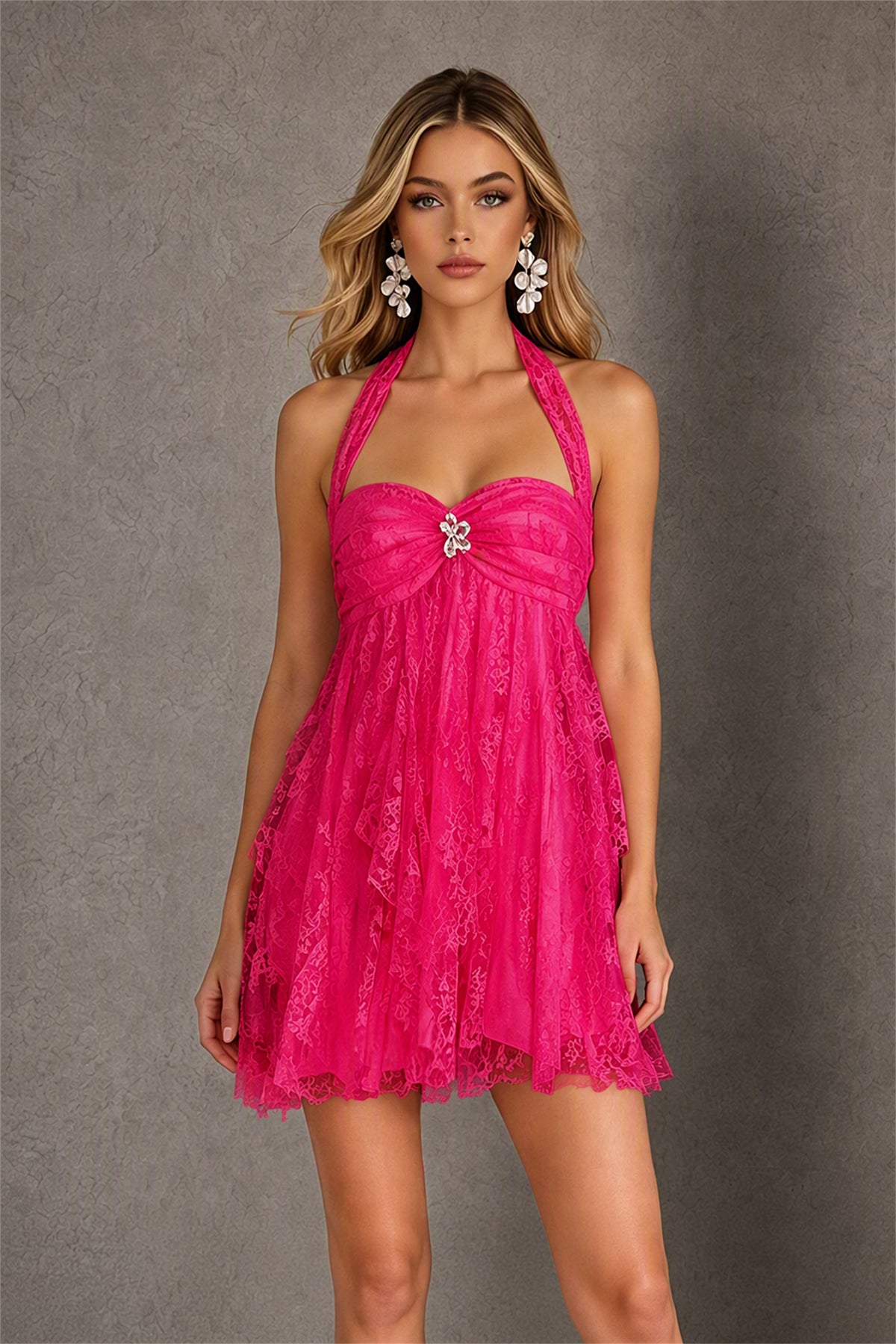 BOLODOO Hot Pink Halter Neck Lace Ruffle Mini Dress | Open Back Rhinestone Brooch - Hot Pink