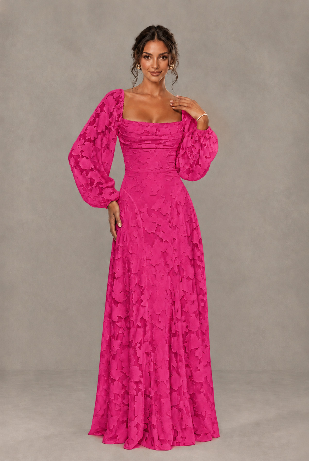 BOLODOO Floral Hot Pink Long Sleeve A-Line Dress with Lace-Up Back - Hot Pink